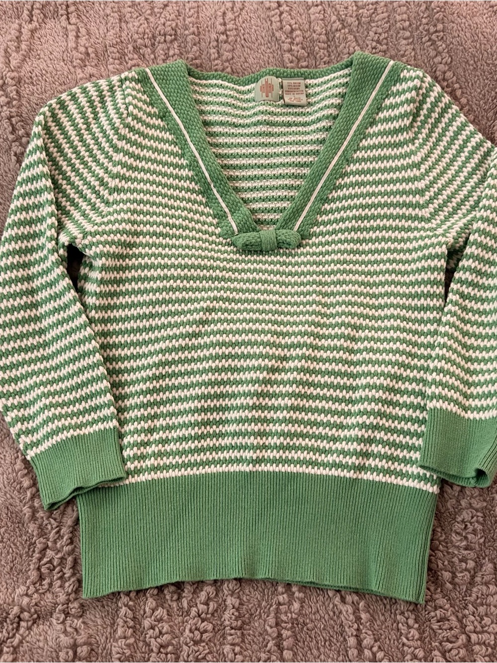 Anthropology Green & White Striped V-Neck Sweater size: L